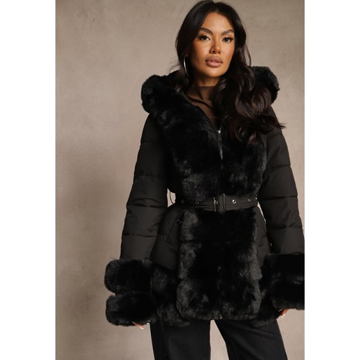 Czarna Kurtka o Taliowanym Kroju z Paskiem Kapturem i Futerkiem Ranalia ze sklepu renee.pl w kategorii Kurtki damskie - zdjęcie 186717761