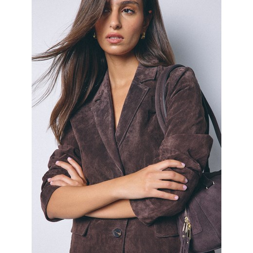 Mohito - Skórzana marynarka oversize - brązowy ze sklepu Mohito w kategorii Marynarki damskie - zdjęcie 186721304