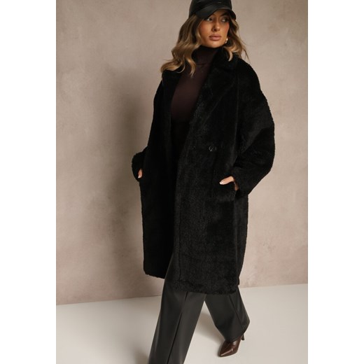 Czarny Płaszcz Teddy o Dwurzędowym Kroju Oversize Azzena ze sklepu renee.pl w kategorii Płaszcze damskie - zdjęcie 186721661