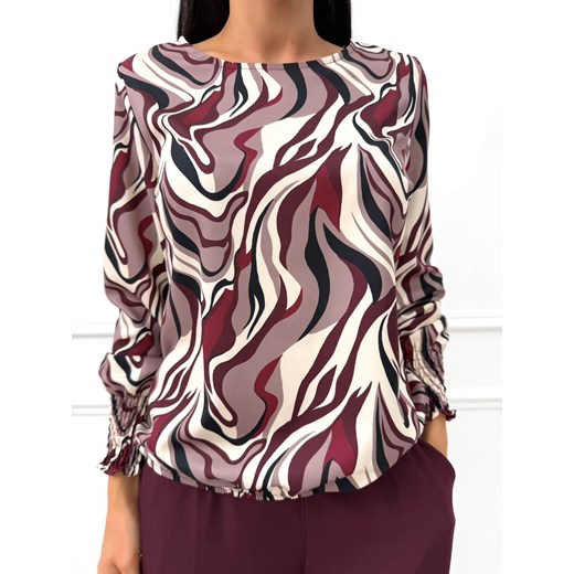Bordowa Wzorzysta Bluzka z Gumką na Rękawie ze sklepu ModnaKiecka.pl w kategorii Bluzki damskie - zdjęcie 186724372