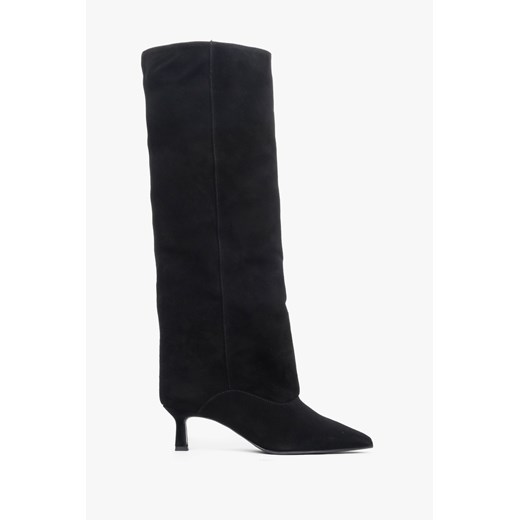 Estro: Czarne kozaki damskie z weluru naturalnego na niskim obcasie kielichowym ze sklepu Estro w kategorii Kozaki damskie - zdjęcie 186724881