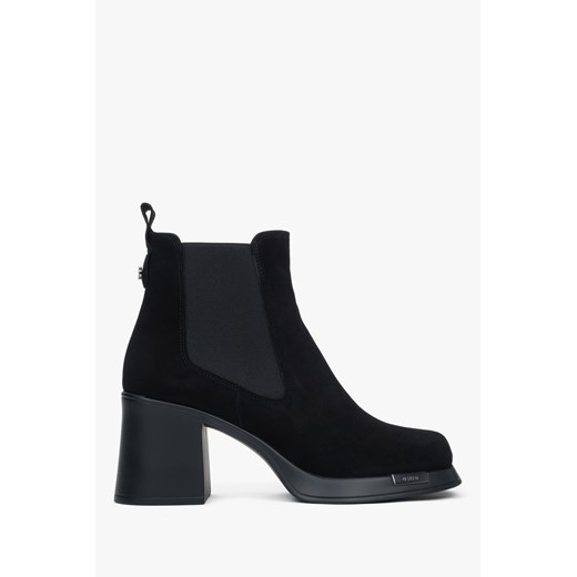 Estro: Niskie czarne botki damskie z weluru naturalnego na stabilnym obcasie ze sklepu Estro w kategorii Botki - zdjęcie 186724913