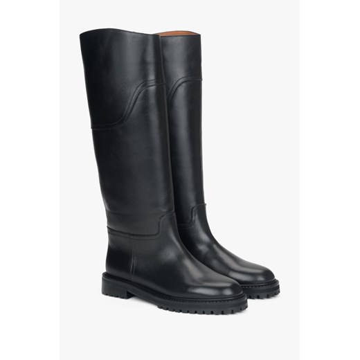 Estro: Wysokie czarne kozaki damskie ze skóry naturalnej na płaskiej podeszwie ze sklepu Estro w kategorii Kozaki damskie - zdjęcie 186724942