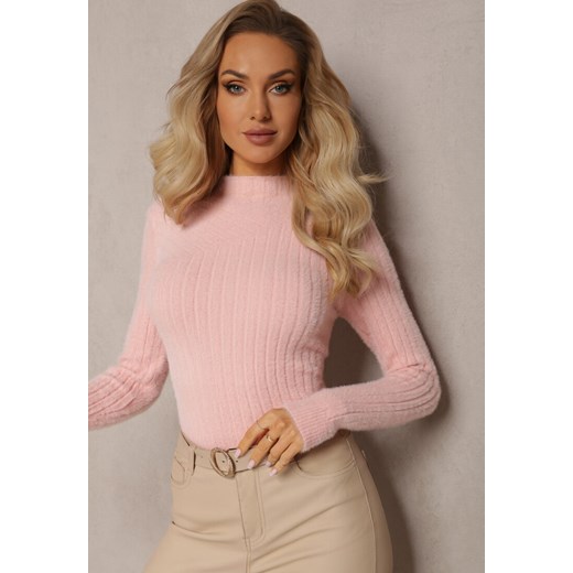 Różowy Prążkowany Sweter z Wełną i Dłuższym Włosiem Izarina Renee ONE SIZE okazyjna cena renee.pl
