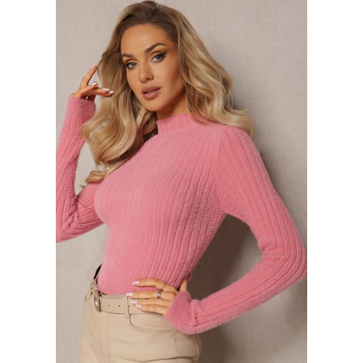 Ciemnoróżowy Prążkowany Sweter z Wełną i Dłuższym Włosiem Izarina Renee ONE SIZE okazyjna cena renee.pl