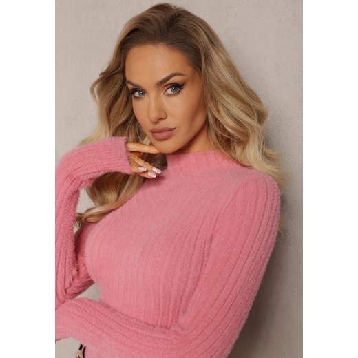 Ciemnoróżowy Prążkowany Sweter z Wełną i Dłuższym Włosiem Izarina Renee ONE SIZE okazja renee.pl