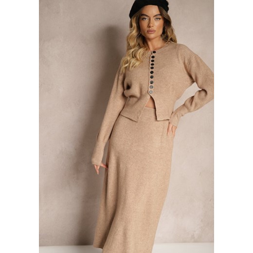 Ciemnobeżowy Komplet z Dzianiny z Wełną Kardigan z Guzikami i Spódnica z Gumką w Talii Melzina ze sklepu renee.pl w kategorii Komplety i garnitury damskie - zdjęcie 186735780