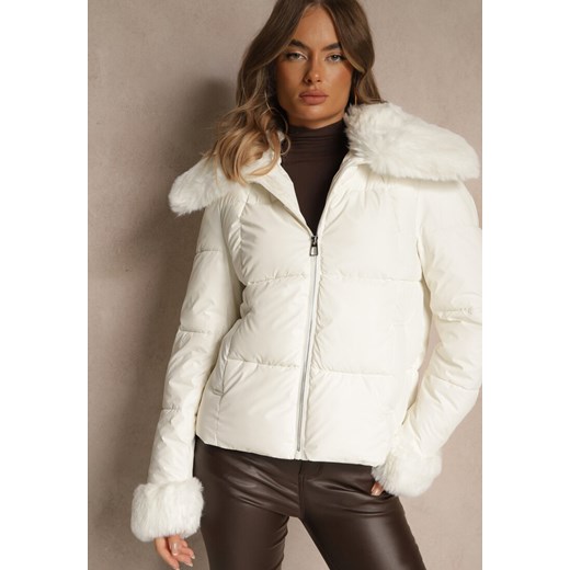 Biała Kurtka z Pikowanymi Przeszyciami i Szerokim Kołnierzem z Futrem Galaressa ze sklepu renee.pl w kategorii Kurtki damskie - zdjęcie 186740123