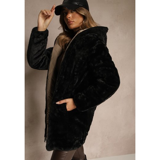 Ciemnobeżowa Dwustronna Kurtka z Kapturem Pikowanymi Przeszyciami i Futerkiem Rossalea ze sklepu renee.pl w kategorii Kurtki damskie - zdjęcie 186741752