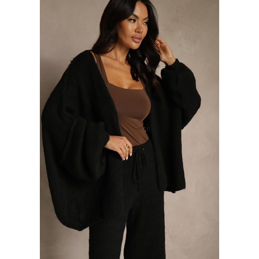 Czarny Niezapinany Kardigan Nietoperzowy z Dodatkiem Wełny i Wiskozy Rallidia ze sklepu renee.pl w kategorii Swetry damskie - zdjęcie 186741773