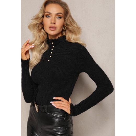 Czarny Wełniany Golf na Perłowe Guziki z Ozdobną Koronką Hejsunna Renee ONE SIZE renee.pl okazyjna cena