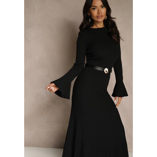 Czarna Sweterkowa Sukienka Longsleeve z Wiskozą z Paskiem z Klamerką Muszelką Renee ONE SIZE renee.pl