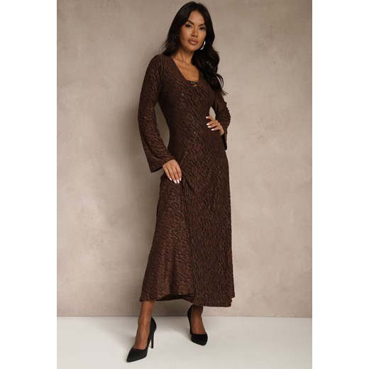 Brązowa Rozkloszowana Sukienka Longsleeve w Zebrę Zdobiona Brokatem Mevilisa ze sklepu renee.pl w kategorii Sukienki - zdjęcie 186745882