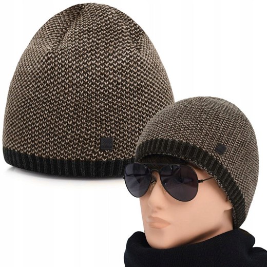 Ciepła, Dwuwarstwowa Czapka Beanie - Pako Jeans - Beżowy Melanż CPAPJNSz92BR Pako Jeans Uniwersalny JegoSzafa.pl