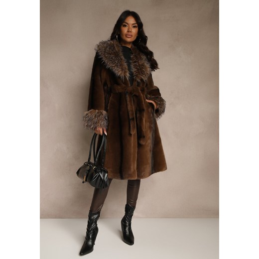 Brązowy Płaszcz Futerko z Paskiem z Ozdobnym Kołnierzem i Mankietami Tiobella ze sklepu renee.pl w kategorii Płaszcze damskie - zdjęcie 186754571