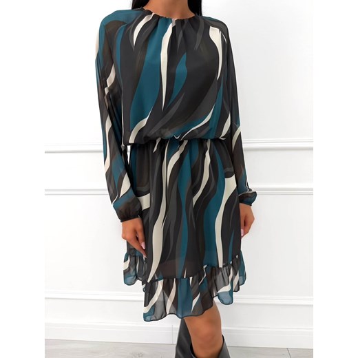 Turkusowa Wzorzysta Sukienka z Falbanką ze sklepu ModnaKiecka.pl w kategorii Sukienki - zdjęcie 186755693