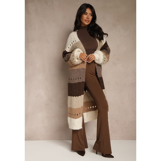 Beżowy Ażurowy Kardigan w Paski z Dodatkiem Wełny i Wiskozy o Długim Kroju Ilonine - id: 31051-42-BEIGE - marki Renee - 186758203 Beżowy Ażurowy Kardigan w Paski z Dodatkiem Wełny i Wiskozy o Długim Kroju Ilonine ze sklepu renee.pl w kategorii Swetry damskie - zdjęcie 186758203