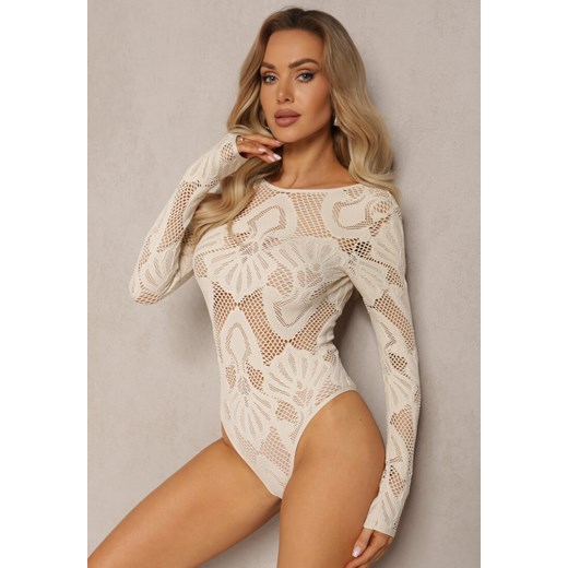 Beżowe Body z Ażurowym Zdobieniem i Wycięciem na Plecach Folivia Renee M renee.pl