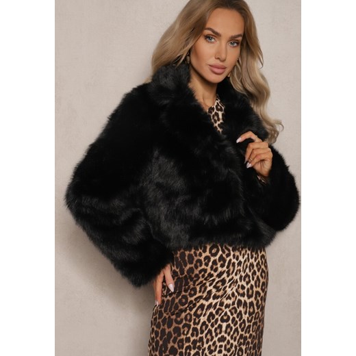 Czarna Krótka Kurtka z Futerkiem Zdobiona Szerokim Kołnierzem Tormia ze sklepu renee.pl w kategorii Futra damskie - zdjęcie 186759011