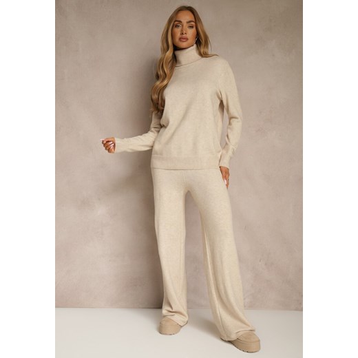 Jasnobeżowy Komplet Dzianinowy z Wełną i Bawełną Szerokie Spodnie i Golf Lennria Renee ONE SIZE renee.pl