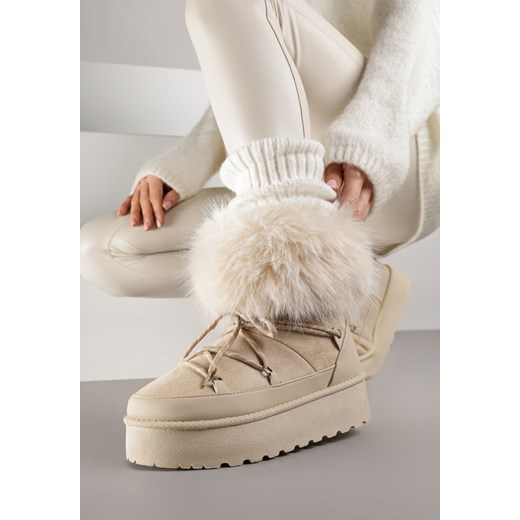 Beżowe Śniegowce na Platformie Ozdobione Futerkiem Teswena ze sklepu renee.pl w kategorii Śniegowce damskie - zdjęcie 186759063