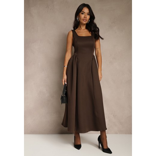 Brązowa Sukienka o Rozkloszowanym Kroju na Szerokich Ramiączkach Retelina ze sklepu renee.pl w kategorii Sukienki - zdjęcie 186759090