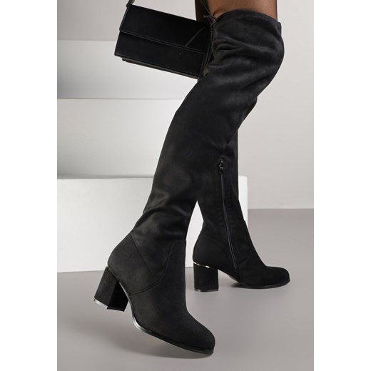 Czarne Kozaki za Kolano na Słupku z Wiązaniem z Tyłu Idinea ze sklepu born2be.pl w kategorii Kozaki damskie - zdjęcie 186759501