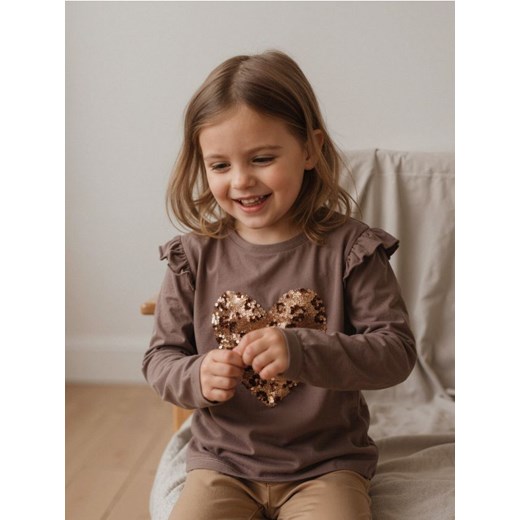 Sinsay - Bawełniana koszulka z ozdobnymi cekinami - brązowy ze sklepu Sinsay w kategorii Bluzki dziewczęce - zdjęcie 186762340