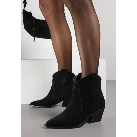Czarne Skórzane Botki Typu Kowbojki na Stożkowym Obcasie Lianessea - id: 401399 - marki born2be - 186763711 Czarne Skórzane Botki Typu Kowbojki na Stożkowym Obcasie Lianessea ze sklepu born2be.pl w kategorii Botki - zdjęcie 186763711