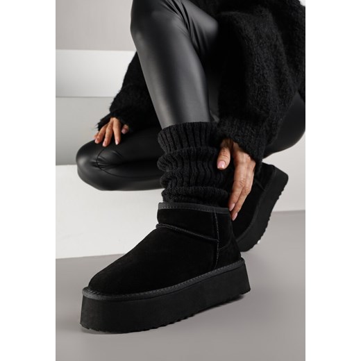 Czarne Wsuwane Śniegowce na Platformie z Cholewką z Zamszu Naturalnego Mevelessa ze sklepu born2be.pl w kategorii Śniegowce damskie - zdjęcie 186763732