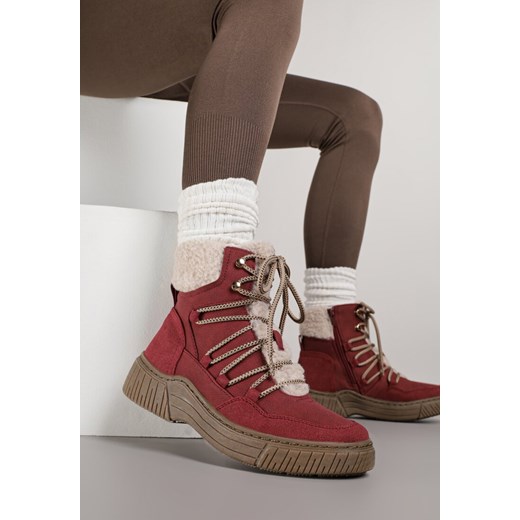 Bordowe Sznurowane Śniegowce z Futerkiem Typu Baranek Mevesalia ze sklepu born2be.pl w kategorii Śniegowce damskie - zdjęcie 186763752