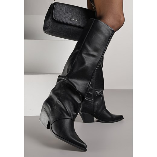 Czarne Marszczone Kozaki na Obcasie w Kształcie Stożka Atima - id: QT131-38-BLACK - marki Renee - 186764143 Czarne Marszczone Kozaki na Obcasie w Kształcie Stożka Atima ze sklepu renee.pl w kategorii Kozaki damskie - zdjęcie 186764143