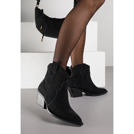 Czarne Botki Kowbojki na Stożku ze Skóry Naturalnej Liravetta - id: 6338A-SKORA-38-BLACK - marki Renee - 186764150 Czarne Botki Kowbojki na Stożku ze Skóry Naturalnej Liravetta ze sklepu renee.pl w kategorii Botki - zdjęcie 186764150