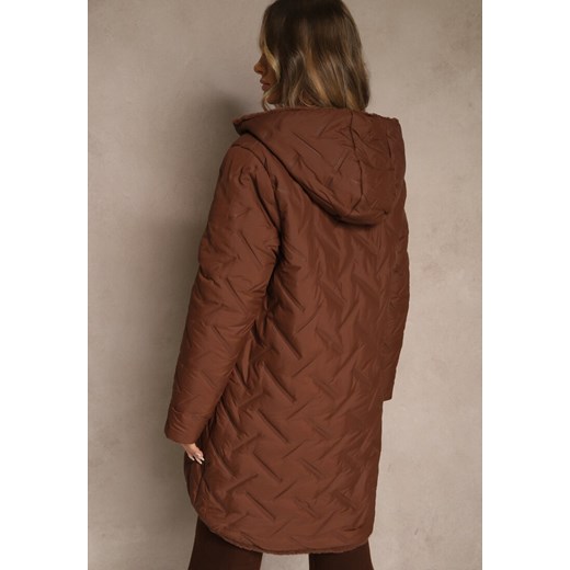 Brązowa Pikowana Kurtka Dwustronna o Długim Kroju z Kapturem Olettia Renee L renee.pl