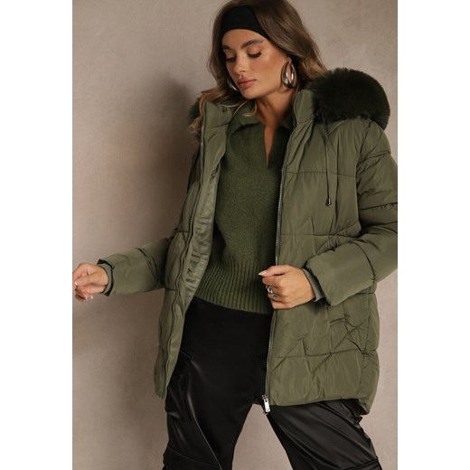 Ciemnozielona Klasyczna Kurtka z Pikowanymi Przeszyciami i Kapturem z Futrem Renee L renee.pl