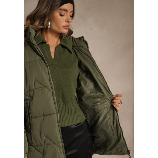 Ciemnozielona Klasyczna Kurtka z Pikowanymi Przeszyciami i Kapturem z Futrem Renee XL renee.pl