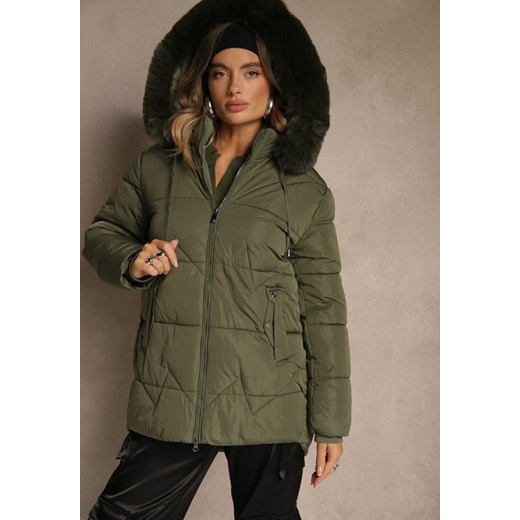 Ciemnozielona Klasyczna Kurtka z Pikowanymi Przeszyciami i Kapturem z Futrem Renee 2XL renee.pl