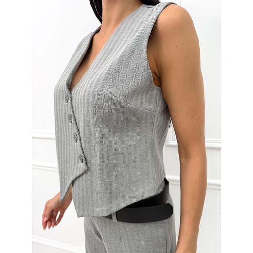 Szara Elegancka Kamizelka w Jodełkę Modnakiecka.pl 42 okazja ModnaKiecka.pl