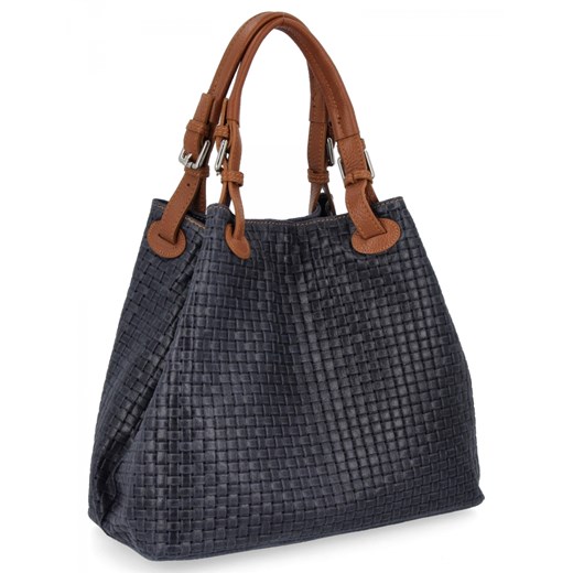 Modna Torebka Skórzana Shopper Bag 2269-J Granatowa ze sklepu PaniTorbalska w kategorii Torby Shopper bag - zdjęcie 186778261