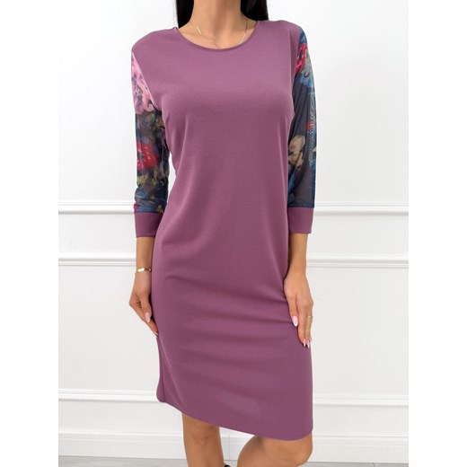 Fioletowa Klasyczna Sukienka z Ozdobnym Rękawem ze sklepu ModnaKiecka.pl w kategorii Sukienki - zdjęcie 186781160