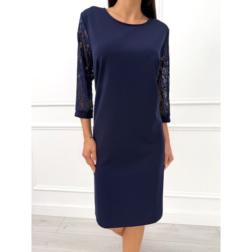 Granatowa Klasyczna Sukienka z Koronkowym Rękawem Modnakiecka.pl 46 ModnaKiecka.pl