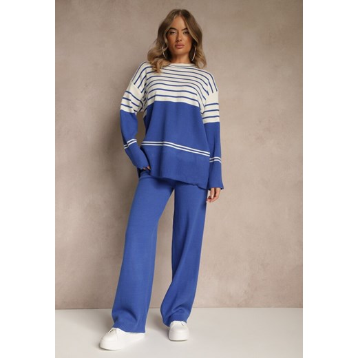 Niebieski Komplet z Dzianiny z Wełną Pasiasty Sweter i Spodnie Ralleia ze sklepu renee.pl w kategorii Komplety i garnitury damskie - zdjęcie 186785473
