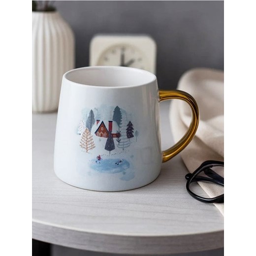 Sinsay - Zimowy kubek kamionkowy z motywem domów i złotym uchwytem - wielobarwny ze sklepu Sinsay w kategorii Kubki - zdjęcie 186787464