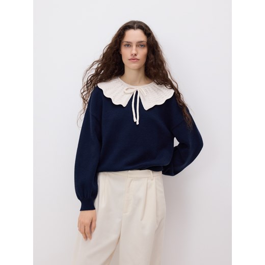 Reserved - Sweter z ozdobnym kołnierzem - granatowy ze sklepu Reserved w kategorii Swetry damskie - zdjęcie 186792741