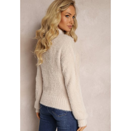 Beżowy Dzianinowy Sweter z Dłuższym Włosiem i Półgolfem Christiam Renee ONE SIZE renee.pl