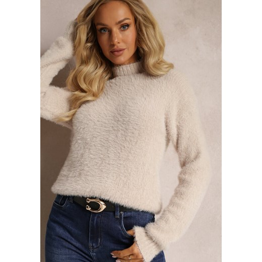 Beżowy Dzianinowy Sweter z Dłuższym Włosiem i Półgolfem Christiam Renee ONE SIZE renee.pl