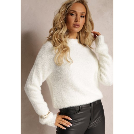Biały Dzianinowy Sweter z Dłuższym Włosiem i Półgolfem Christiam Renee ONE SIZE renee.pl
