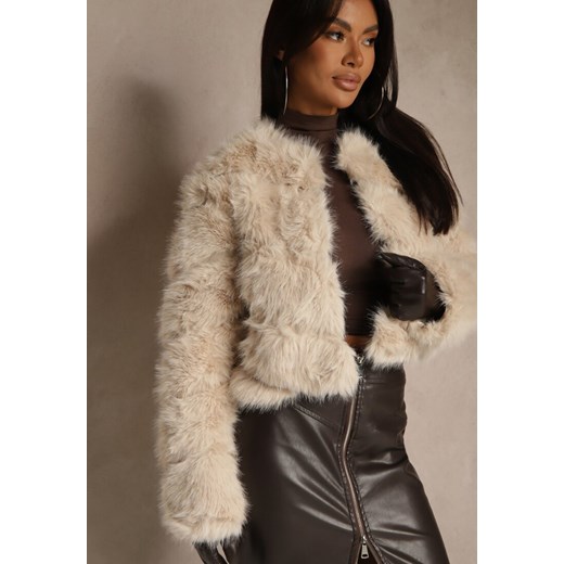 Beżowa Futrzana Kurtka o Krótkim Kroju Zapinana na Haftki Alorith ze sklepu renee.pl w kategorii Futra damskie - zdjęcie 186797214