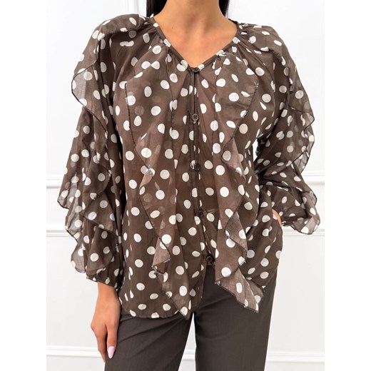 Czekoladowa Koszula w Grochy z Falbankami ze sklepu ModnaKiecka.pl w kategorii Koszule damskie - zdjęcie 186800513