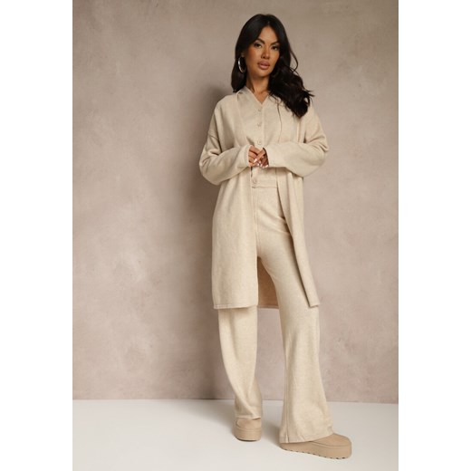 Jasnobeżowy Komplet z Dzianiny z Wełną Długi Kardigan Kamizelka i Spodnie Netivia ze sklepu renee.pl w kategorii Komplety i garnitury damskie - zdjęcie 186800763